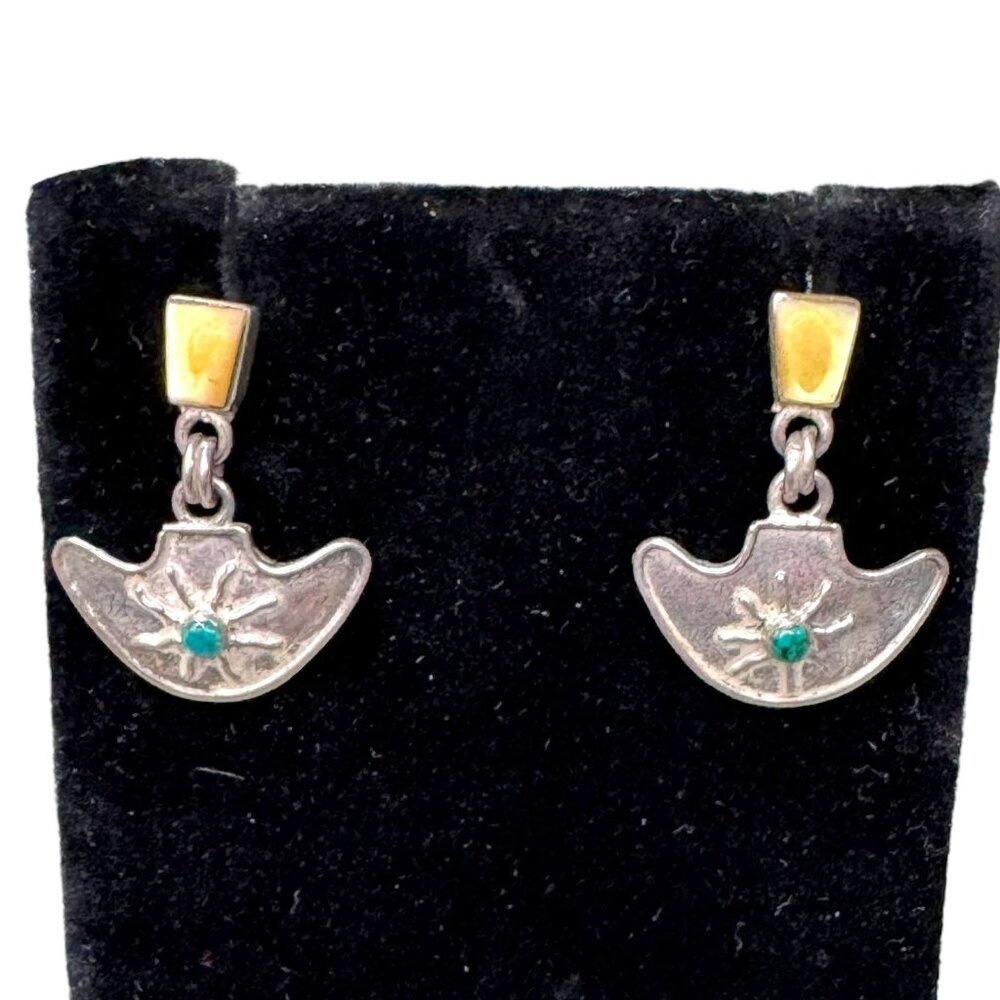 Vintage Sterling Silver 950 Mexican Artisan Earrings Turquoise Sun Starburst
